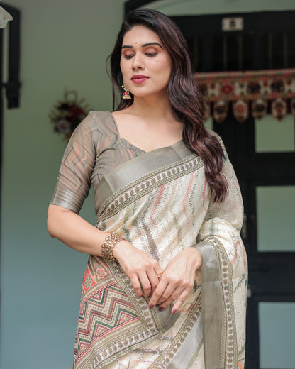 Mahendi Green Soft Linen Cotton Saree With Digital Printed Work
