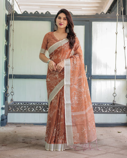 Coffee Digital Printed Linen Cotton Saree | Summer Special Office & Casual Wear – JaipurSaaj