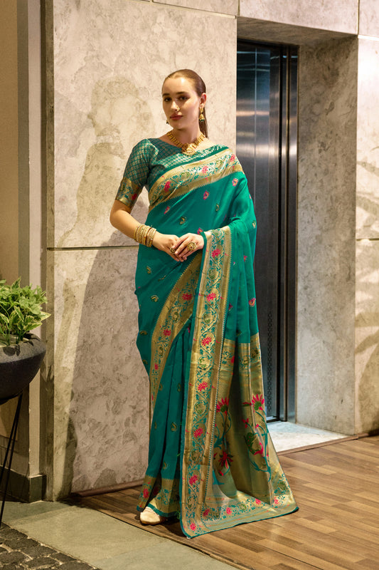 Traditional Rama Green Paithani Silk Saree With Zari Weaving Work