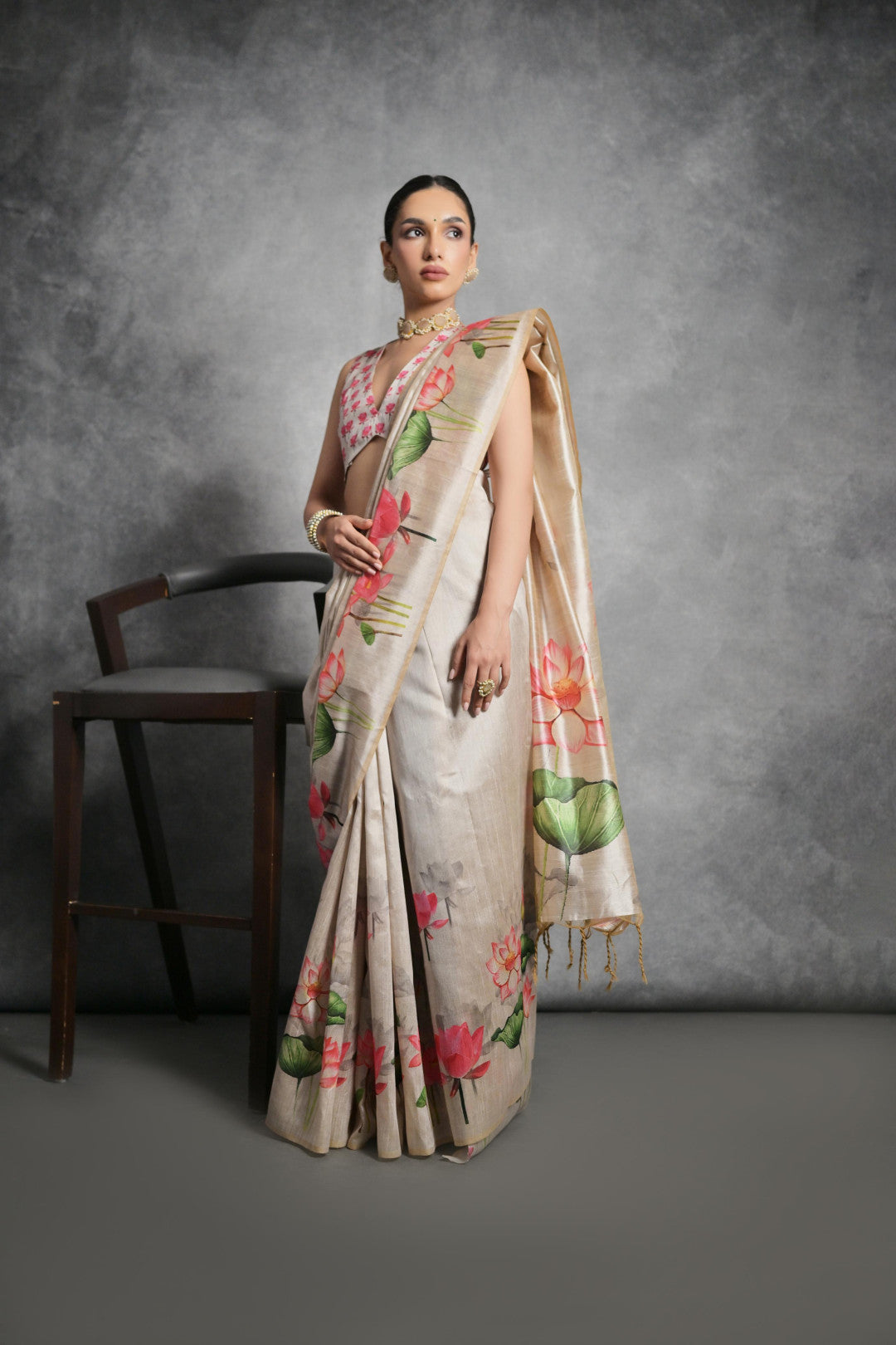 Beige Tussar Silk Saree with Lotus Floral Printed Work | Festive & Party Wear – JaipurSaaj