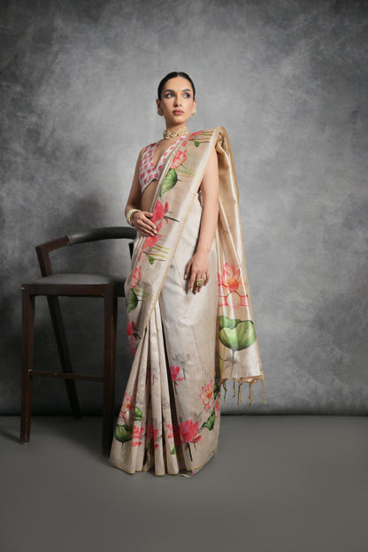 Beige Tussar Silk Saree with Lotus Floral Printed Work | Festive & Party Wear – JaipurSaaj