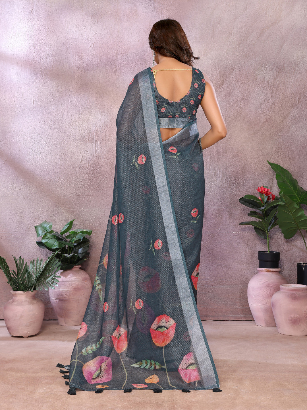 Gray Linen Cotton Saree With Digital Printed Work And Silver Zari Border