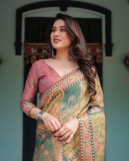 Light Yellow Soft Linen Cotton Saree With Kalamkari Printed Work