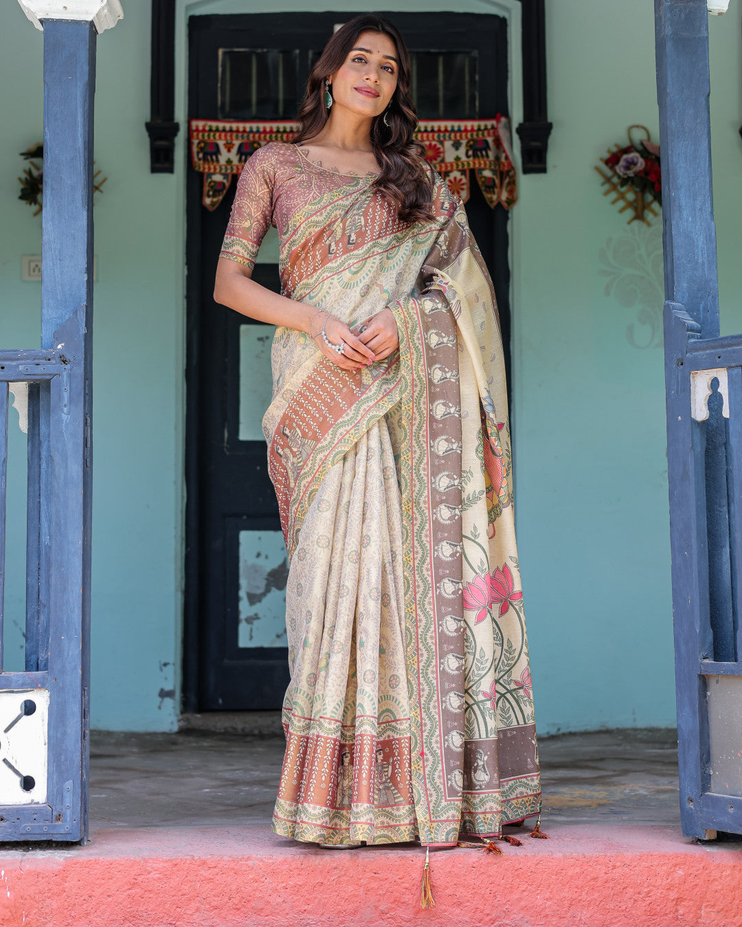 Multi Color Kalamkari Digital Printed Linen Cotton Saree | Summer Casual & Ethnic Wear – JaipurSaaj