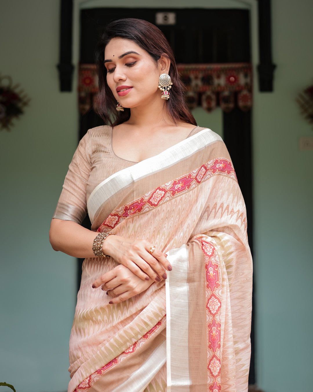 Beige Soft Linen Cotton Saree With Digital Printed Work