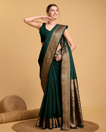 Dark Green Soft Kanchipuram Silk Saree With Zari Weaving Work | Bridal Wedding & Festive Wear – JaipurSaaj