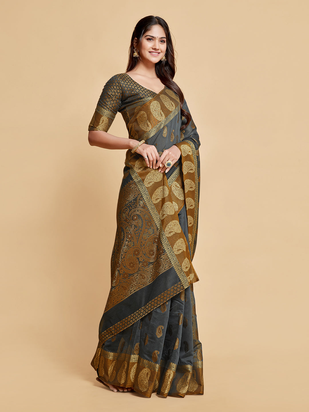 Gray Chanderi Cotton Saree With Woven Design | Traditional Festive Ethnic Wear – JaipurSaaj