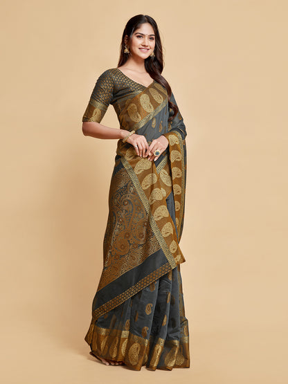 Gray Chanderi Cotton Saree With Woven Design | Traditional Festive Ethnic Wear – JaipurSaaj