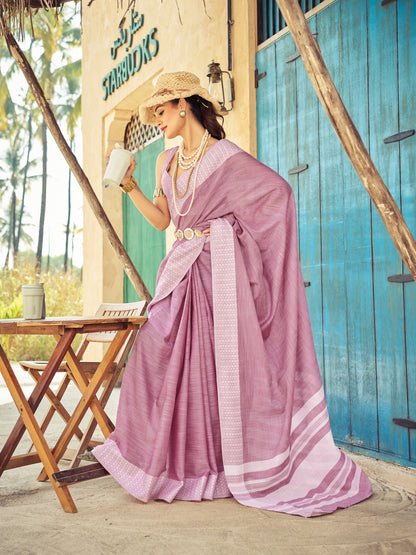 Dusty Pink Soft Linen Cotton Saree With Lakhnavi Work