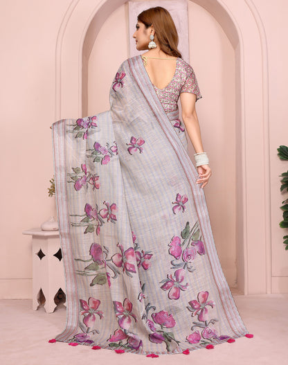 Multi Linen Cotton Saree With Digital Printed Work And Silver Zari Border