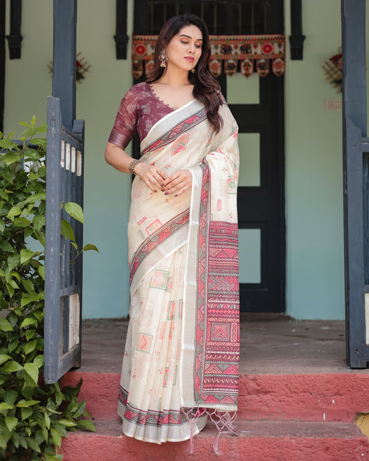 Multi Summer Special Digital Printed Linen Cotton Saree