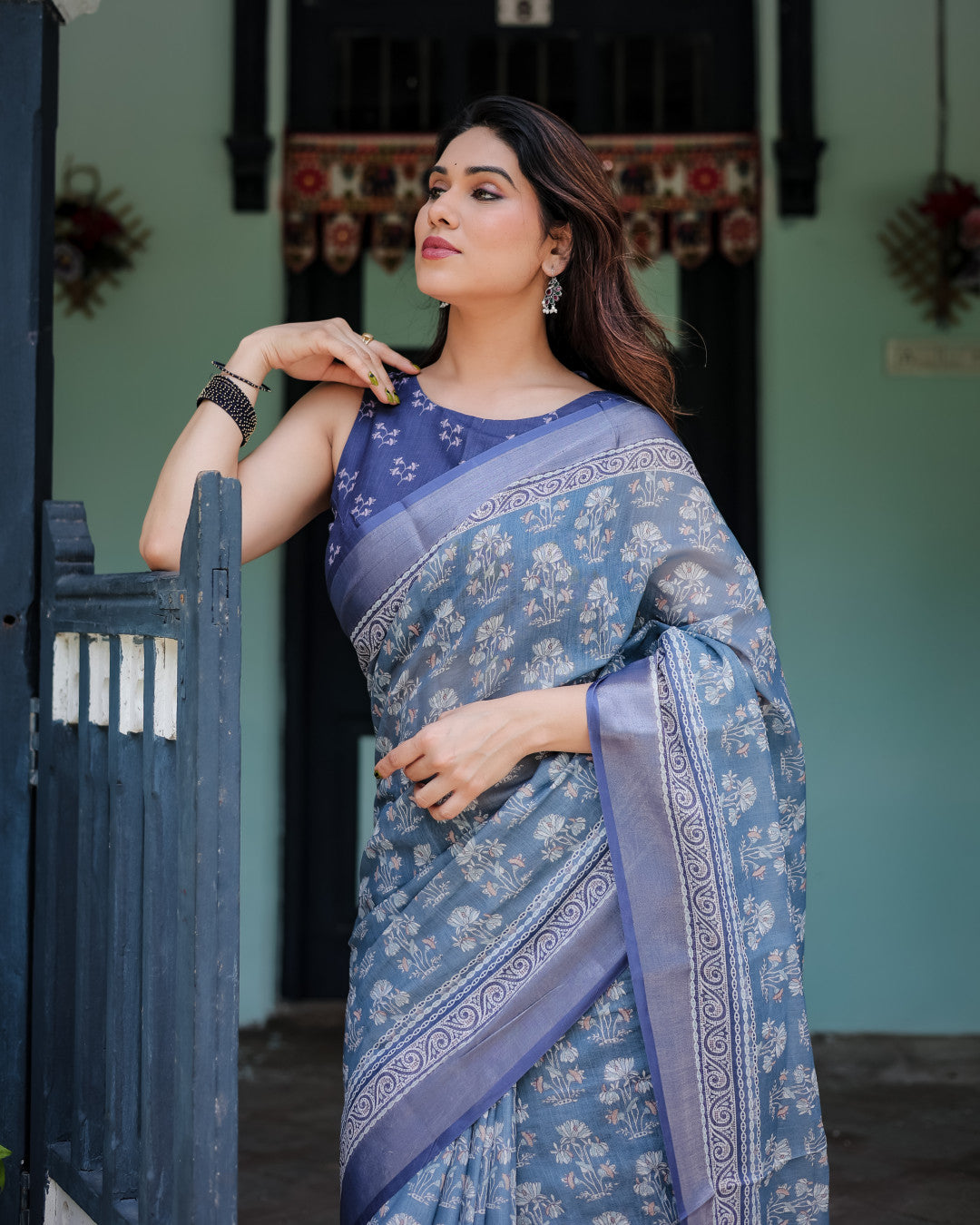 Light Blue Summer Special Digital Printed Linen Cotton Saree