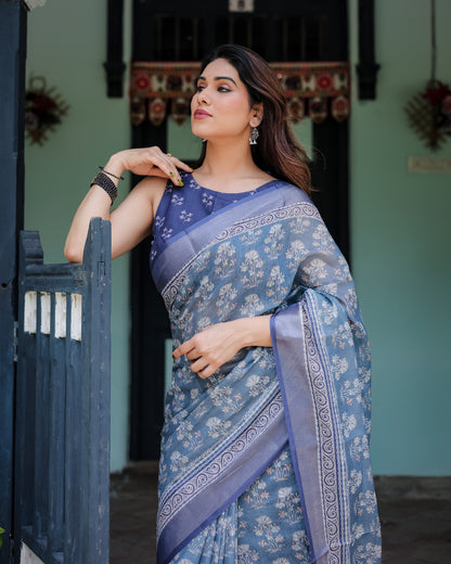 Light Blue Summer Special Digital Printed Linen Cotton Saree