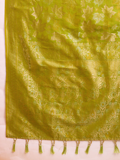 Golden & Copper Zari Weaving With Mahendi Green Soft Silk Banarasi Saree | Party & Wedding Wear - JaipurSaaj
