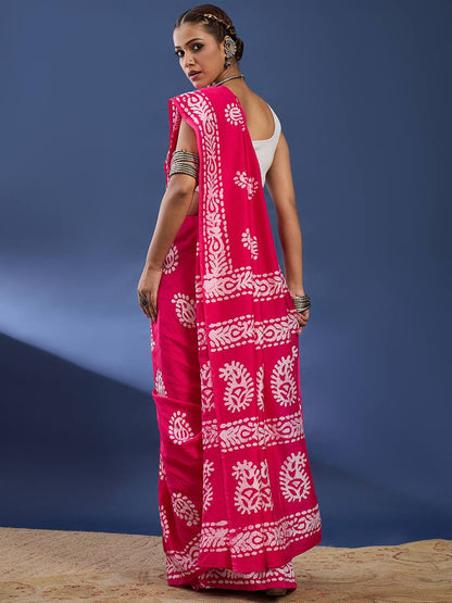 Pink Soft Pure Cotton Silk Saree With Hand Batik Print Work | Casual & Ethnic Wear – JaipurSaaj