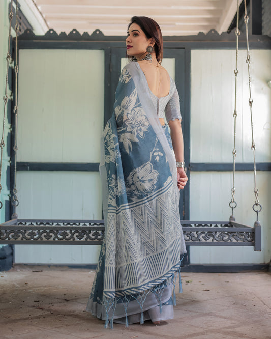 Light Blue Summer Special Digital Printed Linen Cotton Saree