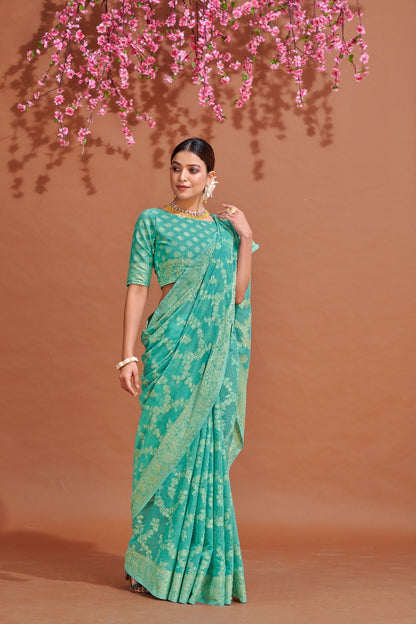 Sea Green Soft Cotton Saree With Lucknowi Work