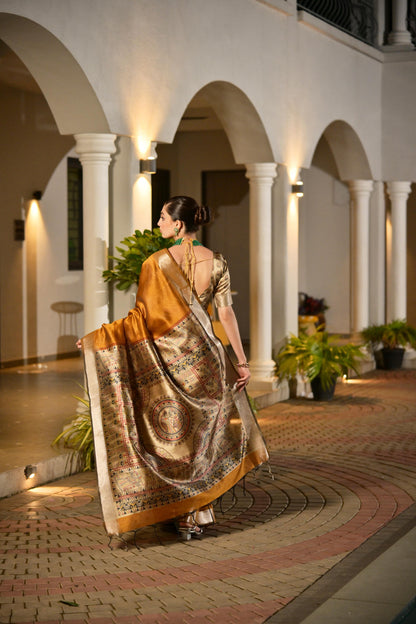 Mustard Yellow Khadi Raw Silk Saree With Beautiful Madhubani Printed Pallu | Party & Wedding Wear – JaipurSaaj