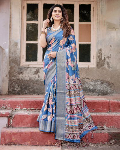 Blue Tussar Silk Saree With Digital Kalamkari Print & Zari Motif Border | Casual & Festive Wear – JaipurSaaj