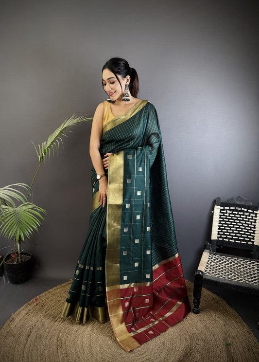 Dark Green Soft Cotton Silk Saree With Zari Weaving Work