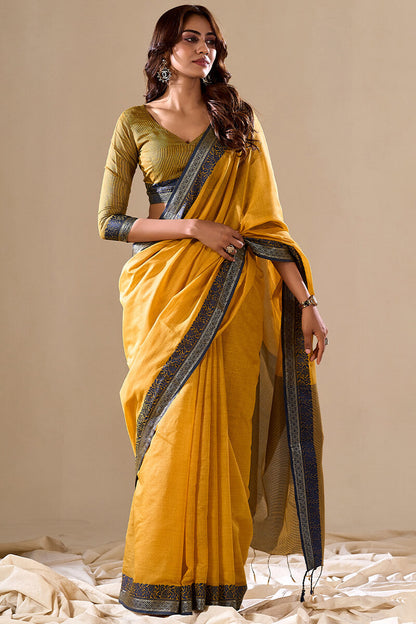 Yellow Linen Cotton Saree With Weaving Work