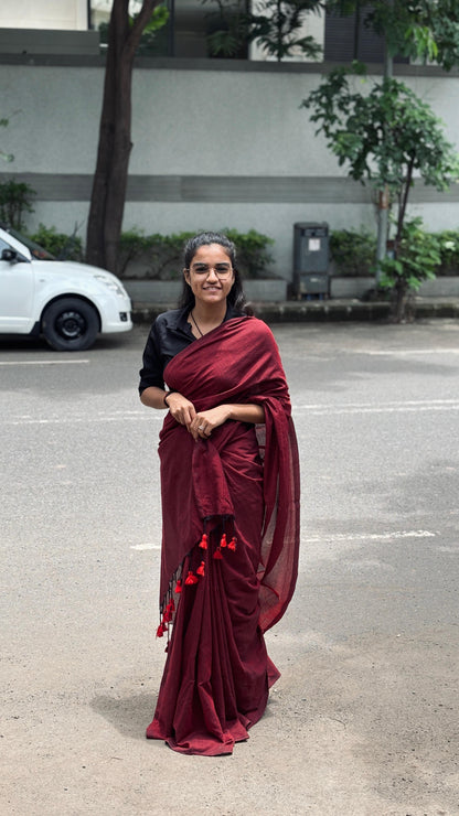 Maroon Plain Khadi Cotton Saree With Fancy Tassel Work