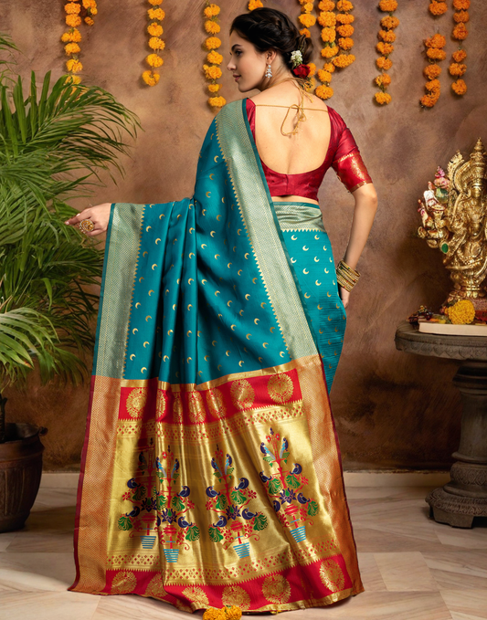 Traditional Firoji Chand Design Paithani Silk Saree With Zari Weaving Work