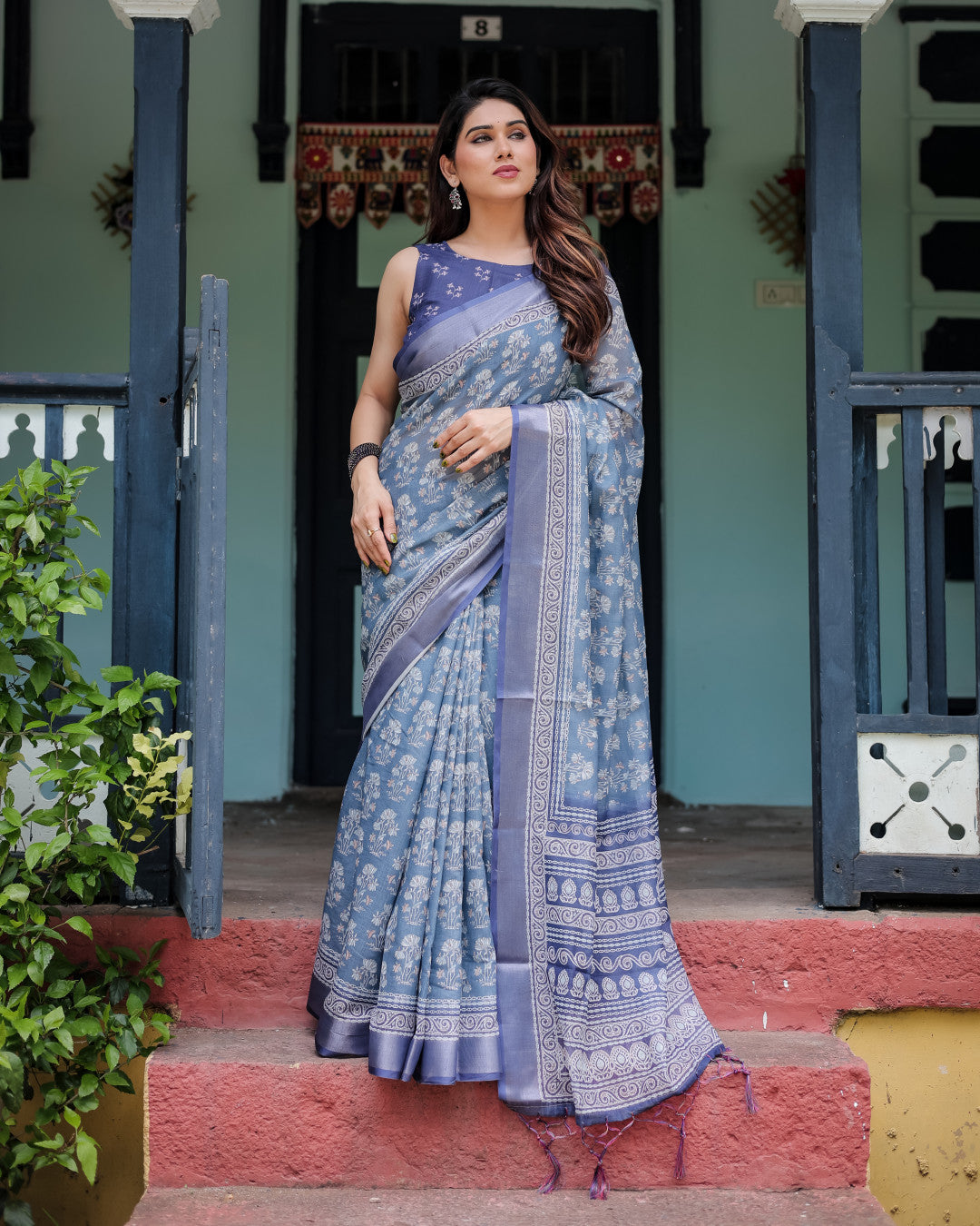 Light Blue Summer Special Digital Printed Linen Cotton Saree