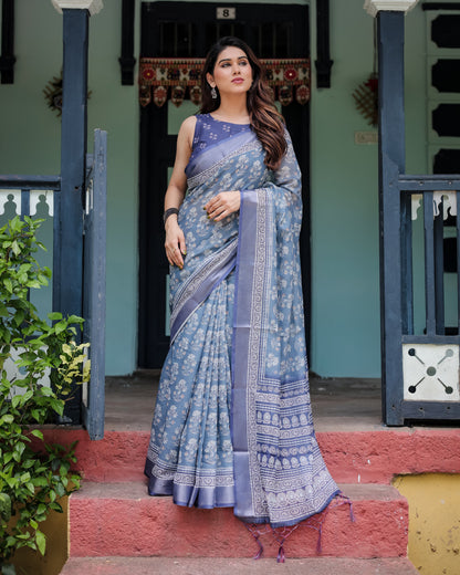 Light Blue Summer Special Digital Printed Linen Cotton Saree