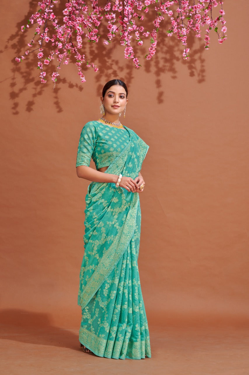 Sea Green Soft Cotton Saree With Lucknowi Work