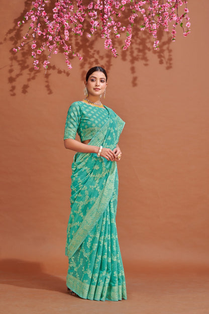 Sea Green Soft Cotton Saree With Lucknowi Work
