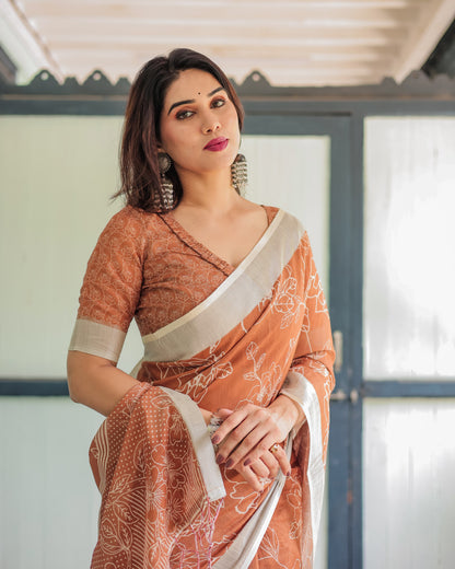 Coffee Digital Printed Linen Cotton Saree | Summer Special Office & Casual Wear – JaipurSaaj