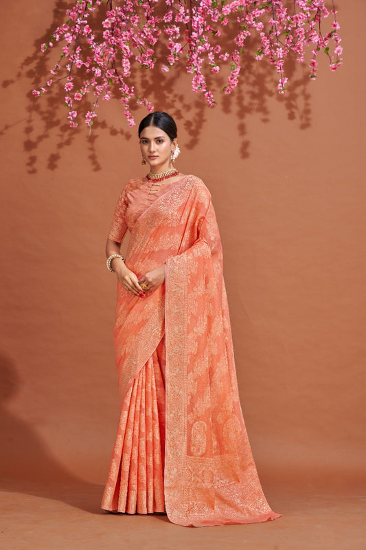 Peach Soft Cotton Saree With Lucknowi Work