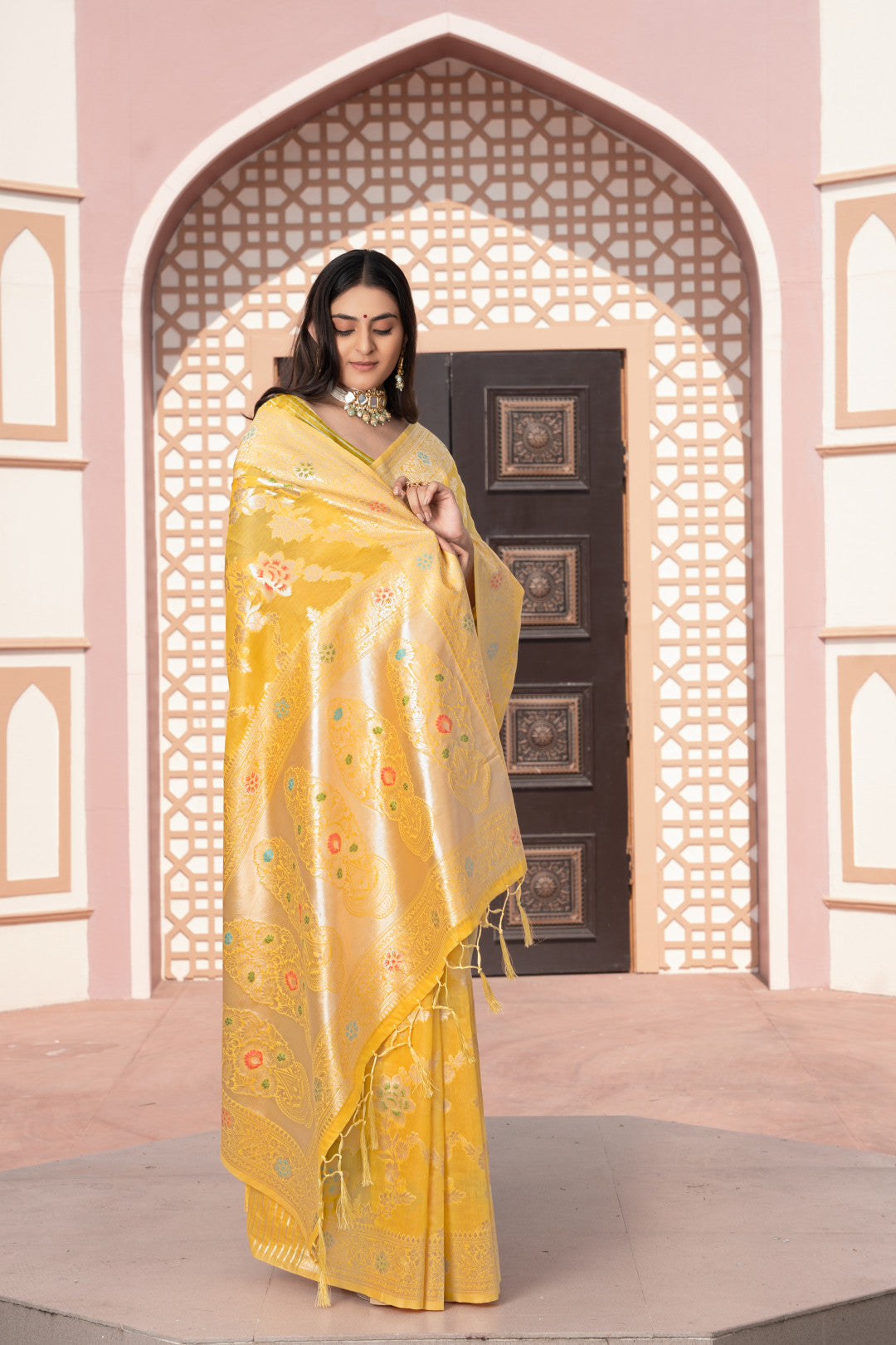 Yellow Banarasi Cotton Silk Saree With Zari Woven Work