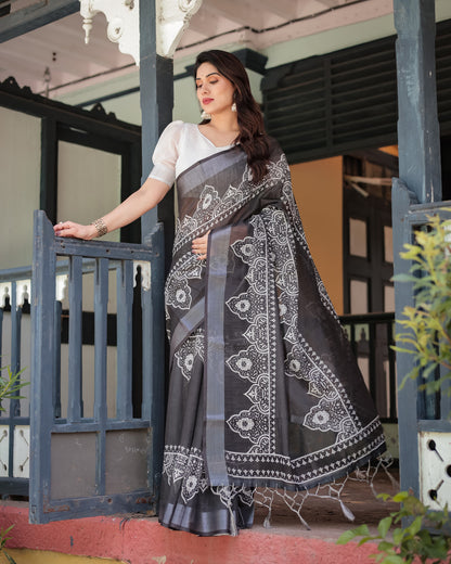 Black Summer Special Digital Printed Linen Cotton Saree