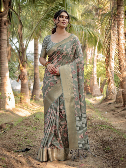 Olive Green Tussar Silk Saree with Floral Woven Motifs & Zari Border | Traditional Festive Wear – JaipurSaaj