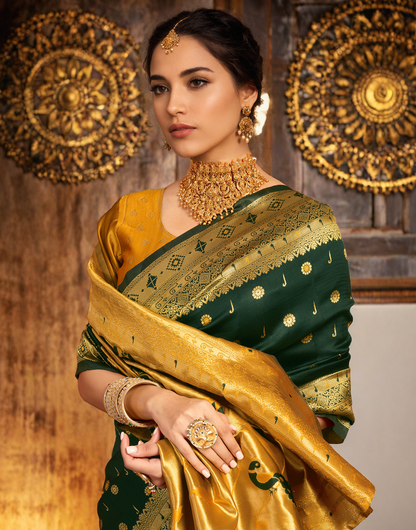 Traditional Dark Green Paithani Silk Saree With Zari Weaving Work