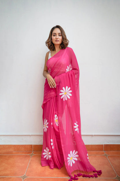Pink Khadi Cotton Saree with Floral Printed Work | Summer Casual Ethnic Wear – JaipurSaaj