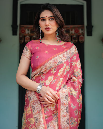 Gajari Soft Linen Cotton Saree With Kalamkari Printed Work