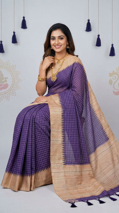 Purple Tussar Silk Saree With Checks Weaving Work | Office & Festive Wear – JaipurSaaj