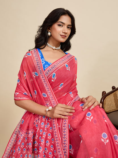 Gajari Linen Cotton Saree With Digital Printed Work And Silver Zari Border