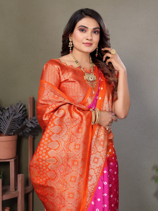 Rani Pink And Orange Bandhej Silk Saree With Zari Weaving Work