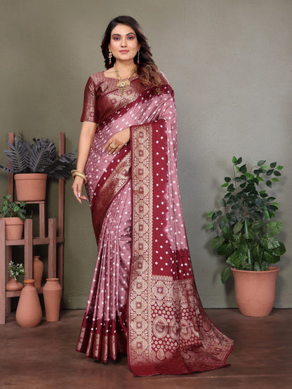 Light Coffee & Maroon Bandhej Silk Saree With Zari Weaving Work | Festive Wedding Wear – JaipurSaaj
