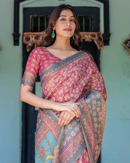 Multi Color Kalamkari Digital Printed Linen Cotton Saree | Summer Casual & Ethnic Wear – JaipurSaaj