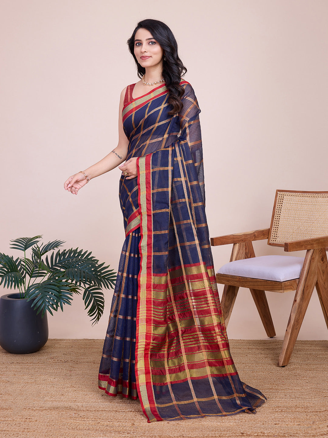 Navy Blue Kota Doriya Saree With Zari Weaving Work