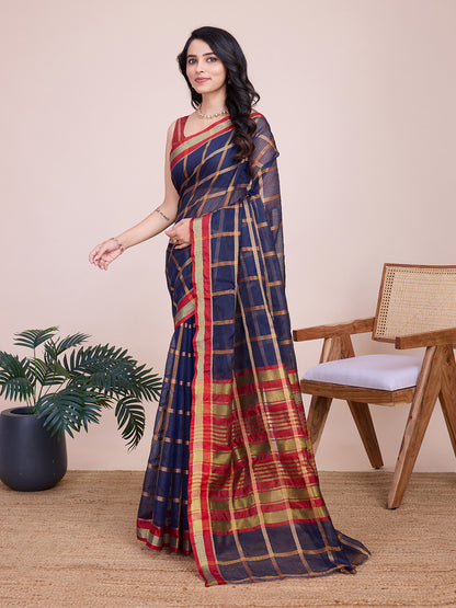 Navy Blue Kota Doriya Saree With Zari Weaving Work