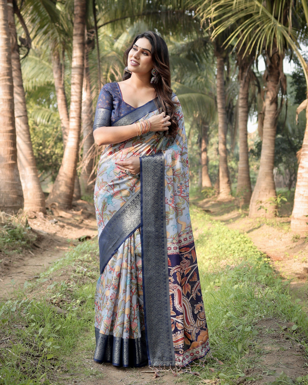 Multi Color Kalamkari Digital Printed Tussar Silk Saree | Designer Festive Ethnic Wear – JaipurSaaj