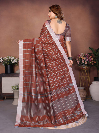 Maroon Linen Cotton Saree With Silver Zari Border