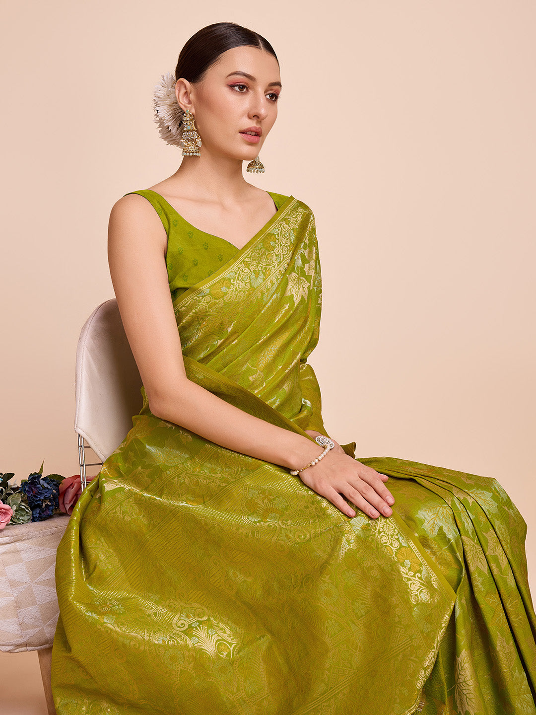 Golden & Copper Zari Weaving With Mahendi Green Soft Silk Banarasi Saree | Party & Wedding Wear - JaipurSaaj