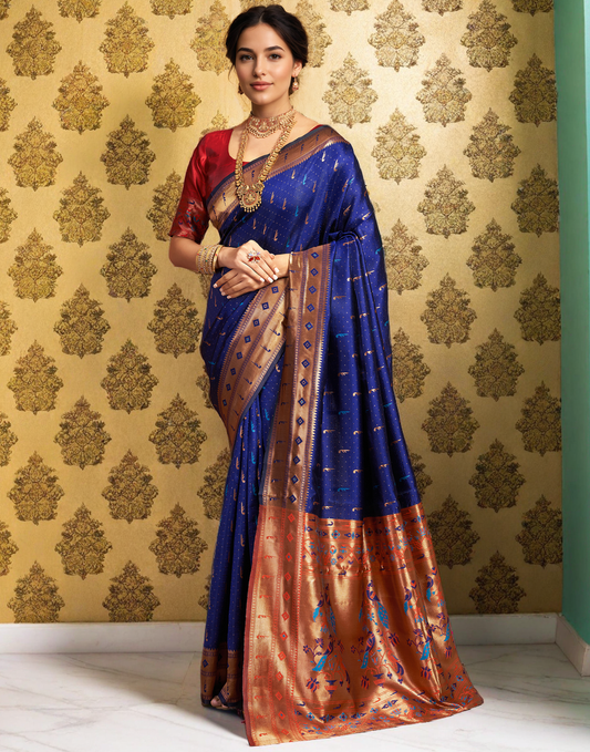 Traditional Navy Blue Paithani Silk Saree With Zari Weaving Work